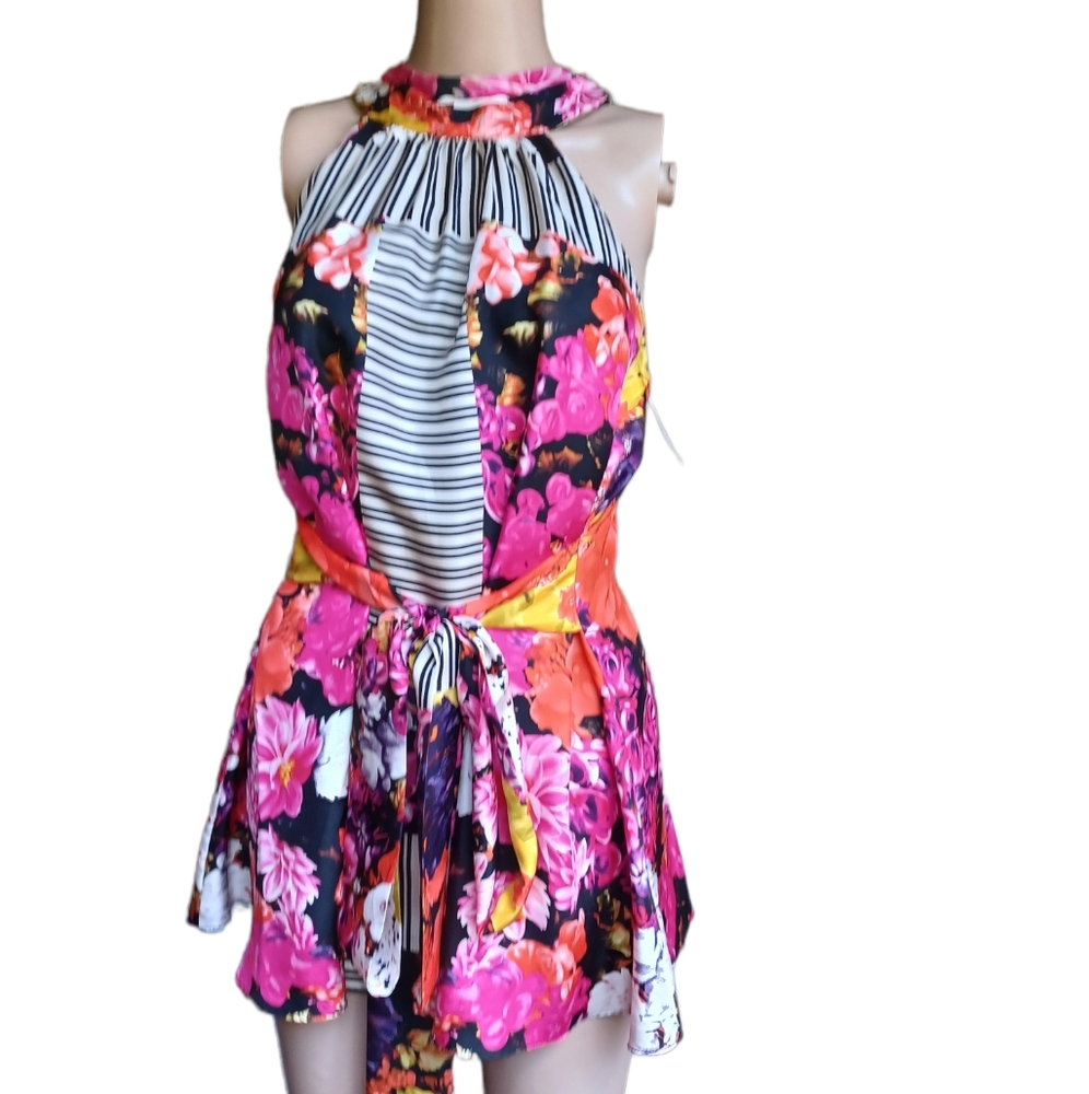 Etcetera Womens Silk Halter Top Multicolor Floral Ribbon Belt Long Size Small - Picture 2 of 9